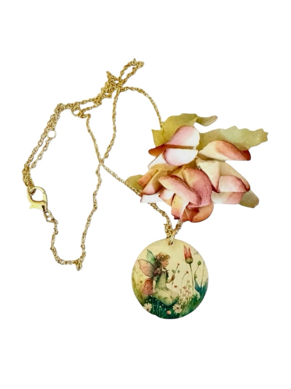 Whimsical Fairy Floral Design Pendant Necklace with Gold Chain